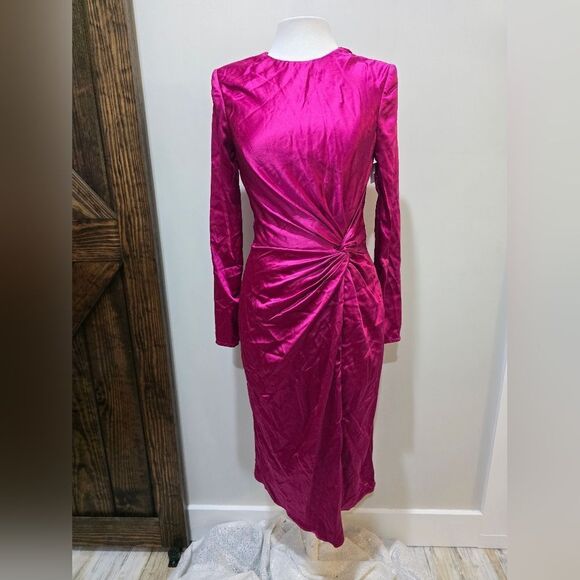 Mac Duggal 26675 Side Twist Long Sleeve Satin Midi Dress NWOT sz 4 Magenta Pink - Picture 4 of 6